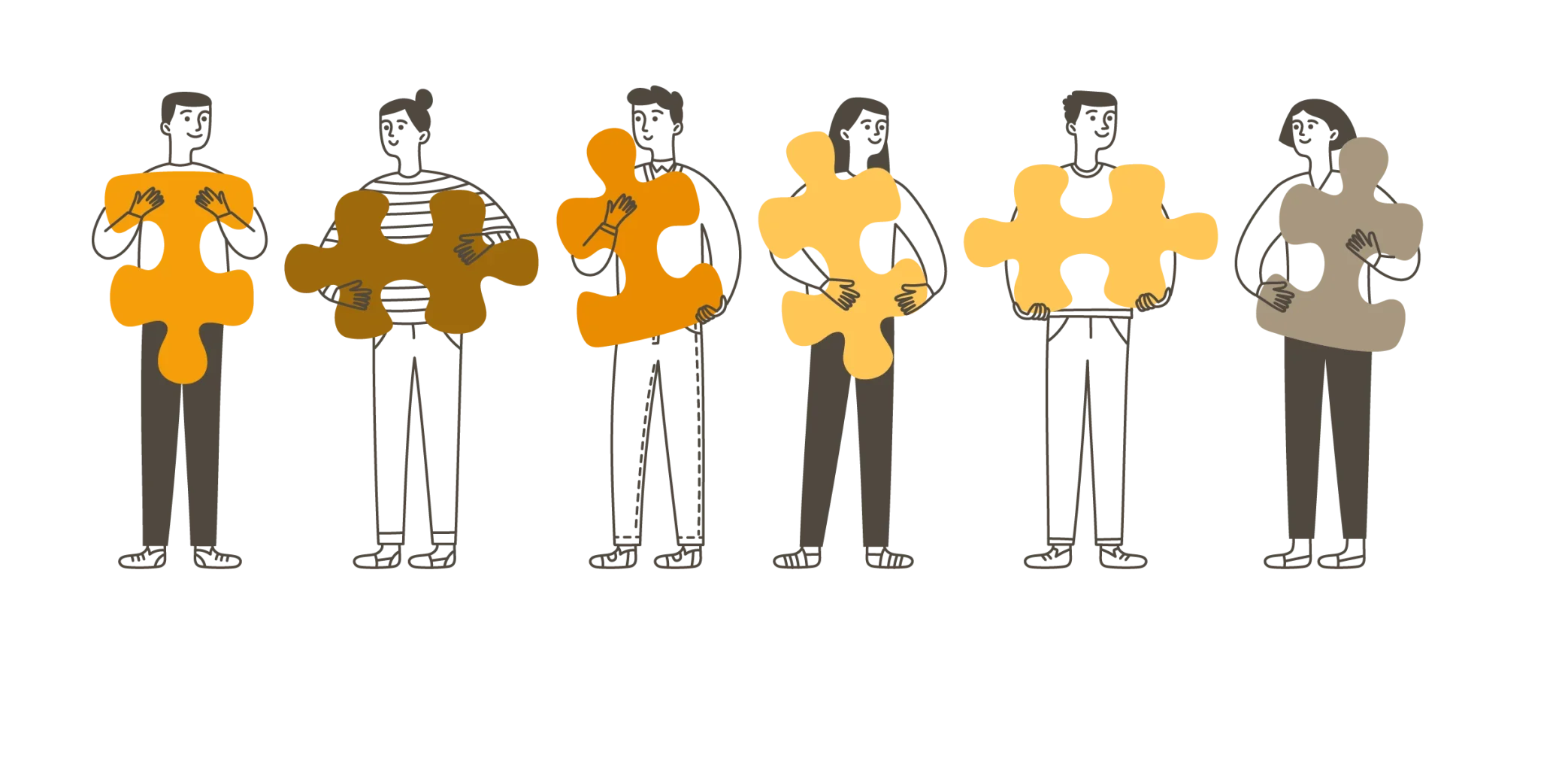 Teamcoaching Eine Illustration mit Menschen, die jeweils ein Puzzleteil halten, als Symbol für die Stärken jedes Einzelnen, die im Teamcoaching entdeckt werden